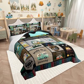 Camper Theme Comforter Set Happy Camping Bedding Set for Kids Girls Women Adults Cartoon Cars Comforter Travel Car Grid Quilted Duvet Set Bedroom Collection Twin Size 2Pcs