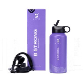 B Life Botella Térmica de 1L Color Violeta Mantiene Frío y Calor con Doble Pared Aislada al Vacío | Cilindro con Doble Tapa y Popote extraíble | Termo