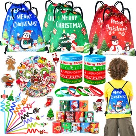 Christmas Party Packs, 12 Pack Xmas Goodie Bags with Drawstring Bags Slap Bracelets Straws Silicone Bracelets and Stickers Bulk Christmas Goodie Bag for Party Classroom Gifts