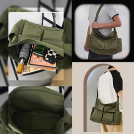 Messenger Bag Crossbody Men Women, Canvas Shoulder Bag with Zipper Water Bottle Holder College Work(Green)
