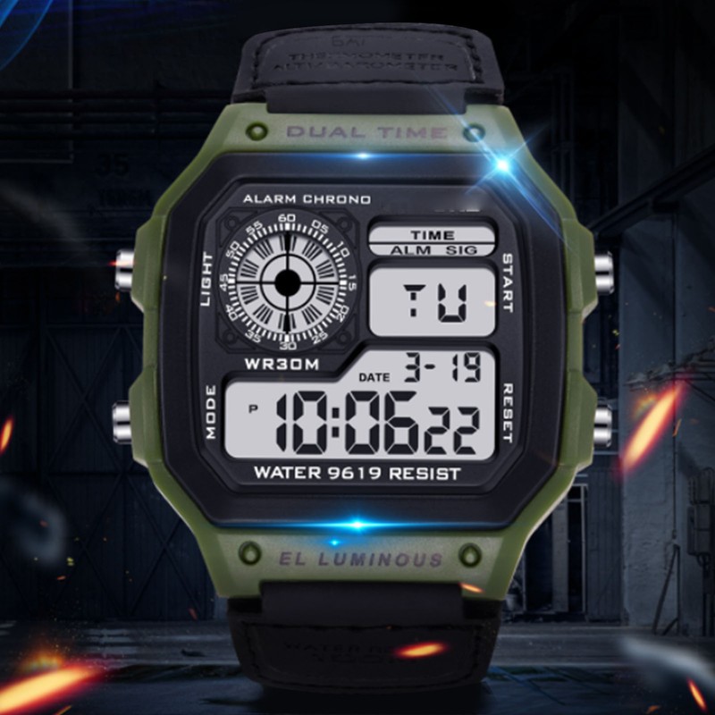 Digital Sport Watch Canvas Strap Luminous Waterproof Retro Sport Watch