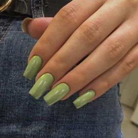 KQueenest Olive Green Press on Nails Long Medium Square, Glazed Fake Nails Press ons, Glue on Nails Coffin For Women, Gel Square Tip Nails, Acrylic False Nails Set For Finger Decoration, 24 Pcs