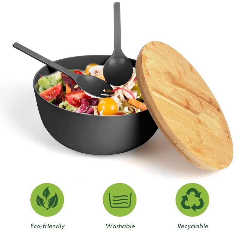 ShineMe Black Salad Bowl Set, 9.8inches Large Bamboo Fiber Salad