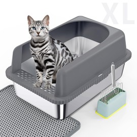 Stainless Steel Jumbo XL Cat Litter Box with Lid | Metal Extra Large Litter Box Include Metal Litter Scoop,Mat | High Sided Enclosed Litter Pan for High-Peeing Cat.No Smell | Non-Stick | Splash-Proof
