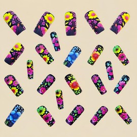 Coffin Press on Nails Medium Length Fake Nails Black Matte Acrylic Nails with Colorful Flowers Designs Square False Nails Reusable Spring Summer Glue on Nails for Women Girls 24Pcs