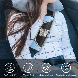 Zpana Bling Car Seat Belt Cover, 2PCS Carbon Fiber Crystal Rhinestone Butterfly Vehicle Seat Belt Strap Shoulder Pad, Comfortable Automotive Neck Shoulder Mat Cushion, Universal Fit (Blue)