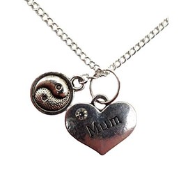 Silver Plated Necklace Mum Love Heart Gem Charm Yin Yang