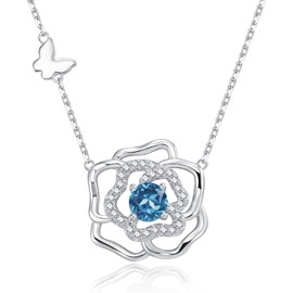 Leva Jewkis 925 Sterling Silver Birthstone Necklace for Women Created Gemstone Necklaces Flower Camellia Jewellery Gifts for Women Girls Adjustable Chain, Sterling Silver