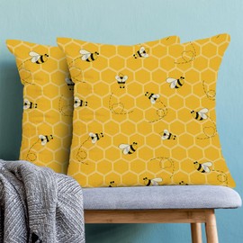 AEIOAE Summer Outdoor Pillow Covers 18 x 18 Inch, Mustard Yellow Bee Seasonal Decor Throw Pillows for Home Couch Bed, Honeycomb Beehive Farmhouse Decorative Pillowcase Linen Cushion Cover Set of 2