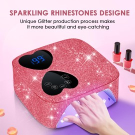 UV LED Nail Lamp Cordless, HUITINE 80W Rechargeable UV Light for Gel Nails with 5 Timers & Mirror Base, Professional Gel Light Dryer, Sparkling Rhinestones Curing Lamp for Salon & Home (Pink Diamond)