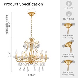 WUZUPS Crystal Candle Chandelier Pendant Flushmount Ceiling Light Modern Lighting Fixture for Bedroom Hallway Bar Kitchen Bathroom, H 22.5" x W 21.7", Gold, E12 Base