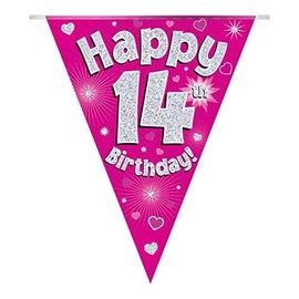 OAKTREE UK 630680 Party Bunting Happy 14th Birthday Pink Holographic 11 Flags 3.9m
