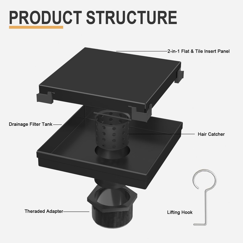 EBYTE Square Shower Drain, 6 Inch Black 304 Stainless Steel