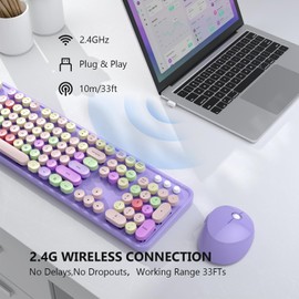 Wireless Keyboard and Mouse Combo, MOFII Full-Size Retro Round Keyboard and Mouse Wireless, 2.4 GHz Wireless, Plug and Play, 8 Multimedia & Shortcut Keysfor Mac, Windows, Laptop/Desktop/PC (Purple)