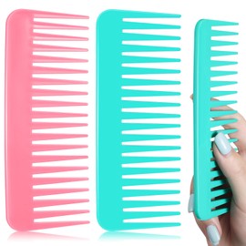 Peine para desenredar el cabello grande, peine de dientes anchos para cabello rizado, cabello seco y húmedo, sin mango, peine desenredante para peinar champú (rosa, cian)