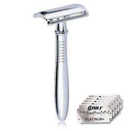 BAILI Classic 3-Piece Metal Double Edge Eco Safety Razor Long Handle Wet Shaving Kit for Men Women with 5 Platinum Blades BD191
