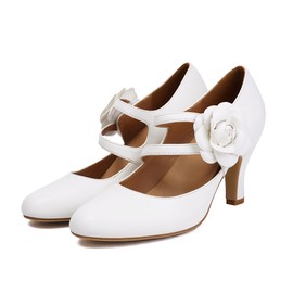 graceretro Women's Mary Jane Close Round Toe 1930s Vintage 1950s Heels Flower Double Straps Retro 1920s Victorian Pumps Shoes (White US8.5)