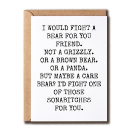 VLPGifts I Would Fight A Bear For You Friend Card - Friend Thank You Card - Friend Bday Card - Funny Card For Friend, White