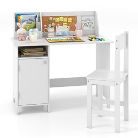 Costzon Kids Desk and Chair Set, Wooden Children Study Table with Storage, Hutch, Cork Bulletin Board, Whiteboard & Marker, Student Computer Workstation Writing Desk for Kids Bedroom, School, White