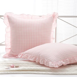 K MASANIJI 2 Pack Blush White Plaid Ruffle Gingham Euro Pillow Shams 26x26 inches, 100% Cotton Checkered Farmhouse Decorative Bed Pillow Covers(26x26 in, Blush/White Plaid)