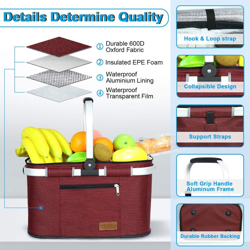 LIQING 35L Large Picnic Basket 2 Layers of Internal Pockets