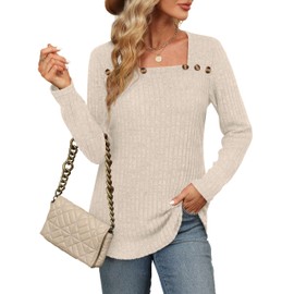 Aokosor Long Sleeve Tops Women Square Neck Jumpers Ladies Button Sweatshirts Curved Hem Beige Size 22-24