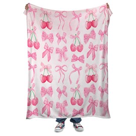 Reateforin Pink Cherry Bow Throw Blanket Back to School Decorations Soft Dorm Room Essentials Gifts for Students Girls Boys Lightweight Coquette Bow Cherry Aesthetic Blanket for Couch Sofa Bed 30"x40"