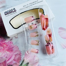 Leopard Print French Tip Press on Nails Square Short Length Fake Nails Golden Bow Glue on Nails Nude Pink False Nails with Rhinestone Design Metal Diamonds Acrylic Stick on Nails for Women Girls 24pcs