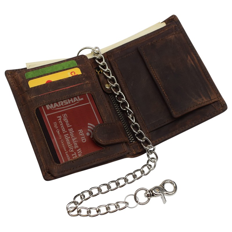 MARSHAL Men's Chain Biker Vintage Leather RFID Blocking European Style