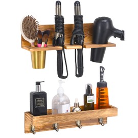 UPTRUST Wall Mount Hair Tool Organizer, Set of 2 Layer Rustic Wooden Dryer Holder Rack with 4 Hooks