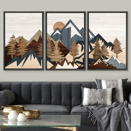 SIGNWIN Framed Canvas Print Wall Art Set Country Woodcut Style Mountain Forest Nature Wilderness Illustrations Modern Art Decorative Farmhouse Zen for Living Room, Bedroom, Office - 16"x24"x3 Black