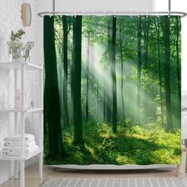 Ttincceer Green Forest Shower Curtain 152 x 183 cm Rainforest Sunshine Forest Land at Sunrise Morning Bathroom Curtain Nature Landscape Mould Proof Resistant Shower Curtain Set