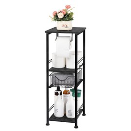 OYEAL Toilet Paper Storage Cabinet Black Freestanding Bathroom Shelf with Drawer Bathroom Storage Stand Towel Storage Organizer for Bathroom Laundry Room Kitchen Pantry, Black