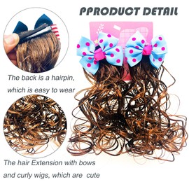 2 PCS Hair Extension for Girls Kids Ponytail Extension with Hair Clips Cute Hairpin Wig Braid for Baby Toddlers Little Girls Curly Brown Synthetic Hairpieces Ponytails Accessories (Blue Bow)