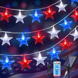 woohaha 4th of July Decorations Red White Blue Lights,Solar powered Patriotic String Lights with 30Led stars,Independence Day Lights Connectable 8 Modes for Garden,Tree,Window,Memorial Day Decor