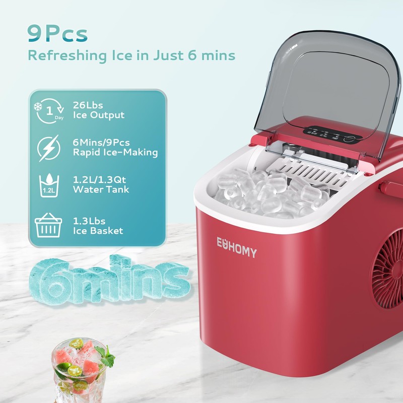 EUHOMY Countertop Ice Maker Machine with Handle, 26lbs Per Day,