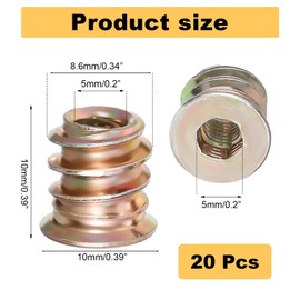 20Pcs M5 Threaded Inserts for Wood, M5x10mm Furniture Nuts Carbon Steel Hex Drive Threaded Inserts Thread Fastener Connector for Wood Furniture Assortment