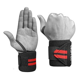 Muñequeras elásticas – Par de 45.72 cm para fitness, levantamiento de pesas, entrenamiento cruzado – con gancho y agarre de bucle, negro - raya roja