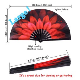 Amajiji Large Folding Hand Fan Rave Festival Accessories for Women Men, Chinease/Japanese Handheld Fan Bamboo Fan Dance Fan Gift Fan Craft Fan (Red Flower)