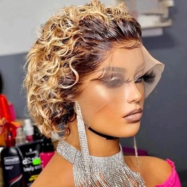 Pixie Cut Wig Short Lace Bob Curly Wig Water Wave Lace Front Human Hair Wig 13X1 Transparent Lace Wig For Women (1B/27#)