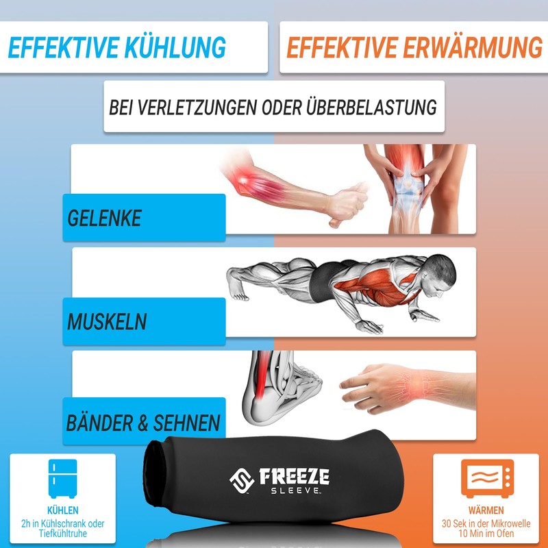 FREEZE SLEEVE Kühlbandage mit Wärmefunktion. Wiederverwendbar und hält von selbst