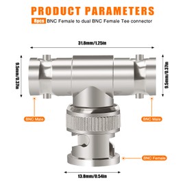 KUOQIY 8 PCS 3-Way BNC Male to Dual Female Adapter, BNC 1 Male to 2 Female Jack Coaxial Tee Connector Splitter, T-Type BNC RF Coaxial Connector for Coaxial Cable, CCTV, Antenna