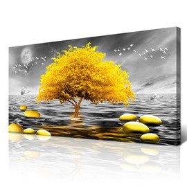 Wapluam Wall Decor For Living Room Large Canvas Wall Art For Office Modern Bedroom Wall Decorations Black And White View Wall Painting Yellow Tree Pictures Artwork For Walls Room Home Decor 48X24in