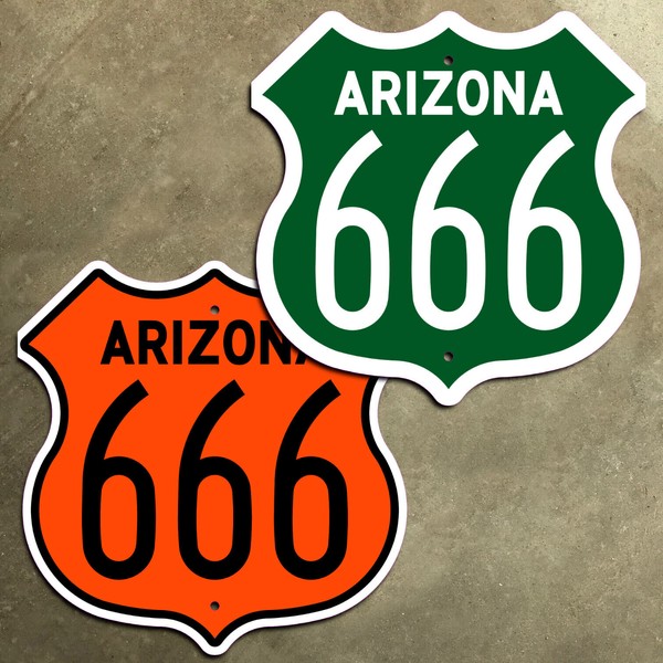 Arizona US route 666 devil's highway marker road sign orange green 1960 12x12