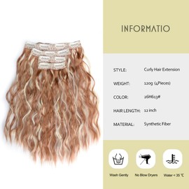 ZIRANJUAN Clip in Hair Extensions 12 inch Short Curly Wavy Blonde 4PCS Invisible Lace Synthetic Hair for Women Golden Blonde with Highlights