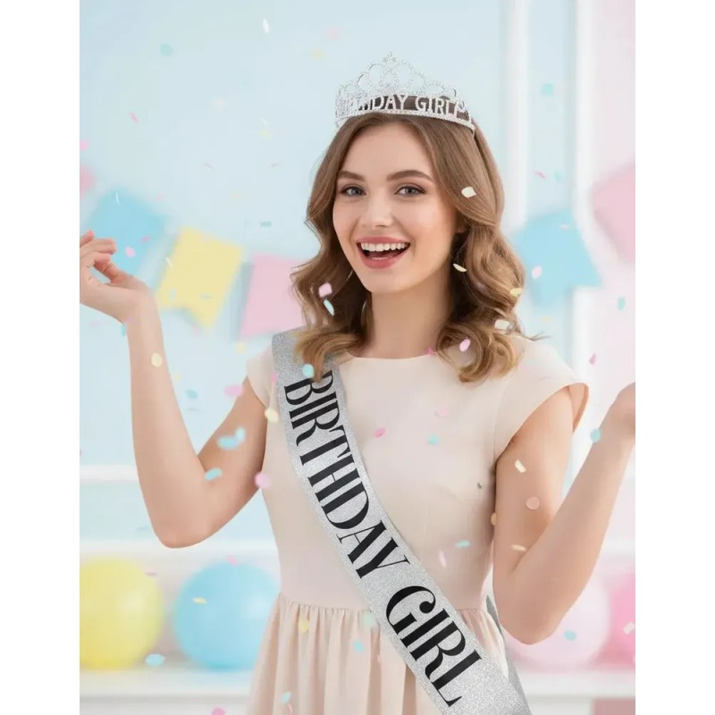 Feliz Cumpleaños Corona Y Faja Para Mujer Diademas Fiesta Plata