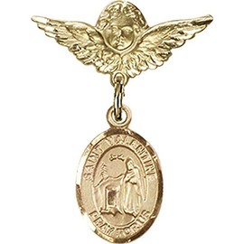 Gold Filled Baby Badge with St. Valentine of Rome Charm and Angel w/Wings Badge Pin 1 X 3/4 inches