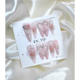 Rose Jewel Heart Handmade Nail Tips - Short Almond / 로즈 쥬얼 하트 수제네일팁 - 숏아몬드