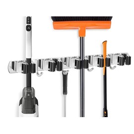 COVRA Stainless Steel Mop and Broom Holder, Wall-Mounted Organizer with 5 Slots and 4 Hooks, Heavy Duty Tool Rack for Home, Kitchen, Laundry, Garage