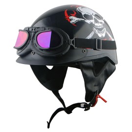 1Storm Motorcycle Half Face Helmet Mopeds Scooter Pilot with Retractable Inner Smoked Visor, White Skull + T008 Black Tinted Goggle Bundle